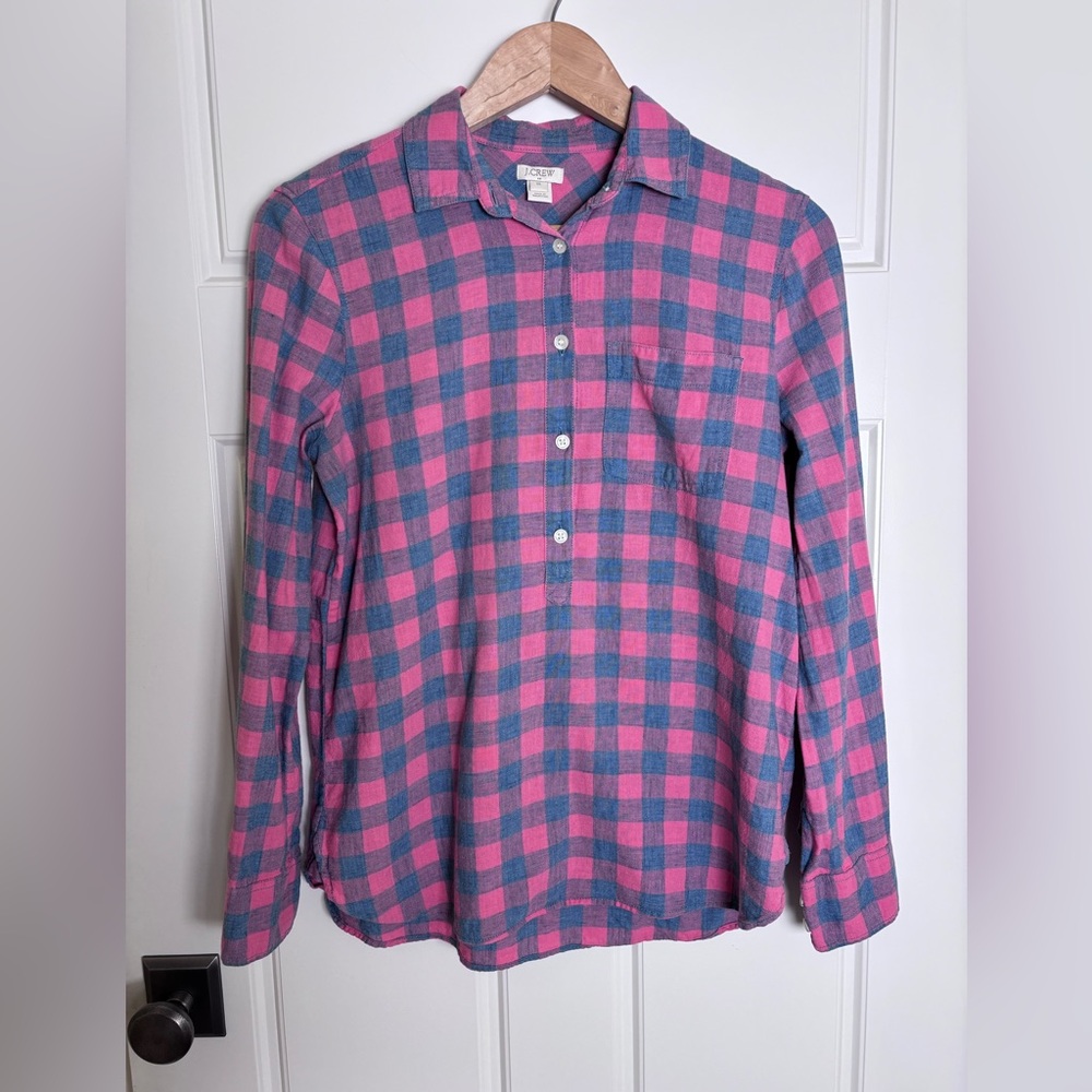 J. Crew Pink and Blue Gingham Popcover Cotton Collared Shirt